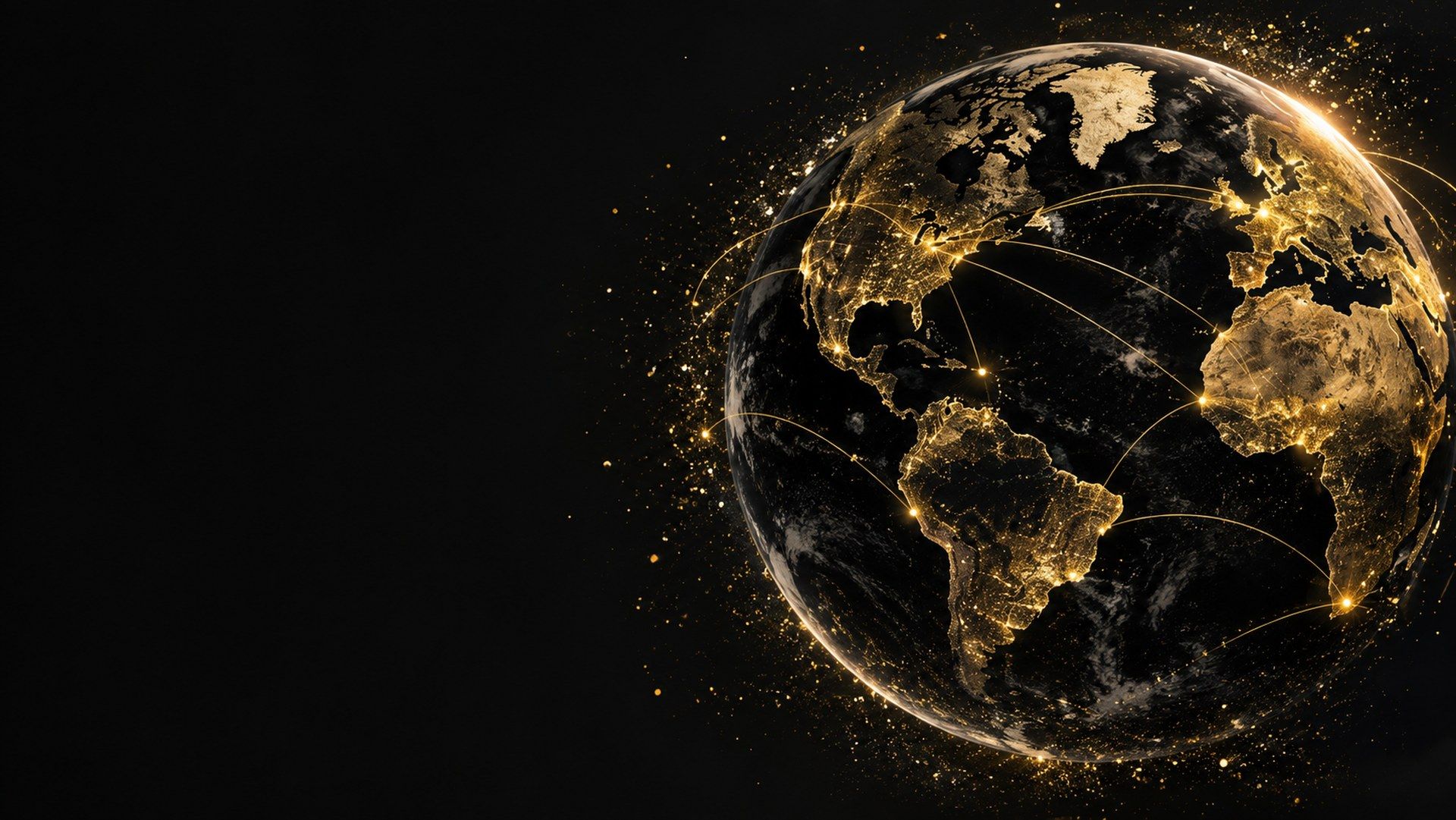 A gold-lit globe on black, trade routes arcing between continents