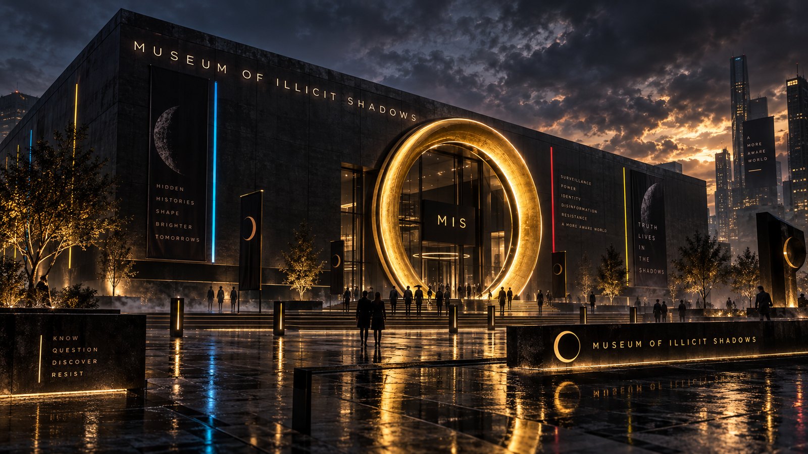 The Museum of Illicit Shadows at night, a gold eclipse ring at the entrance