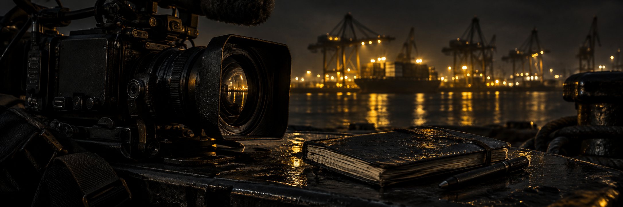 A documentary camera and field notebook at a port