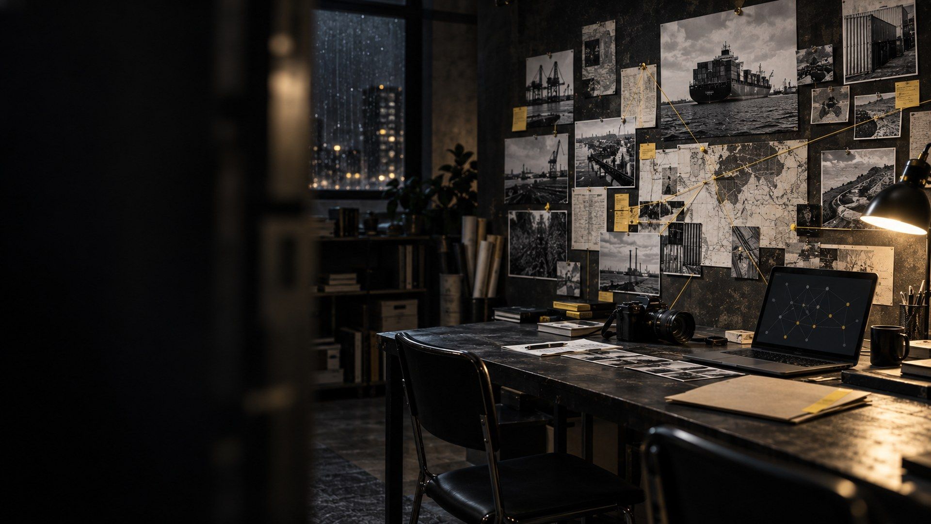 An investigation room at night: an evidence wall of shipping photographs above a long working table