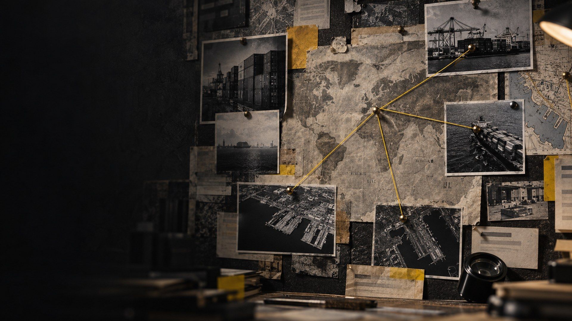 An evidence wall of port photographs linked by gold string