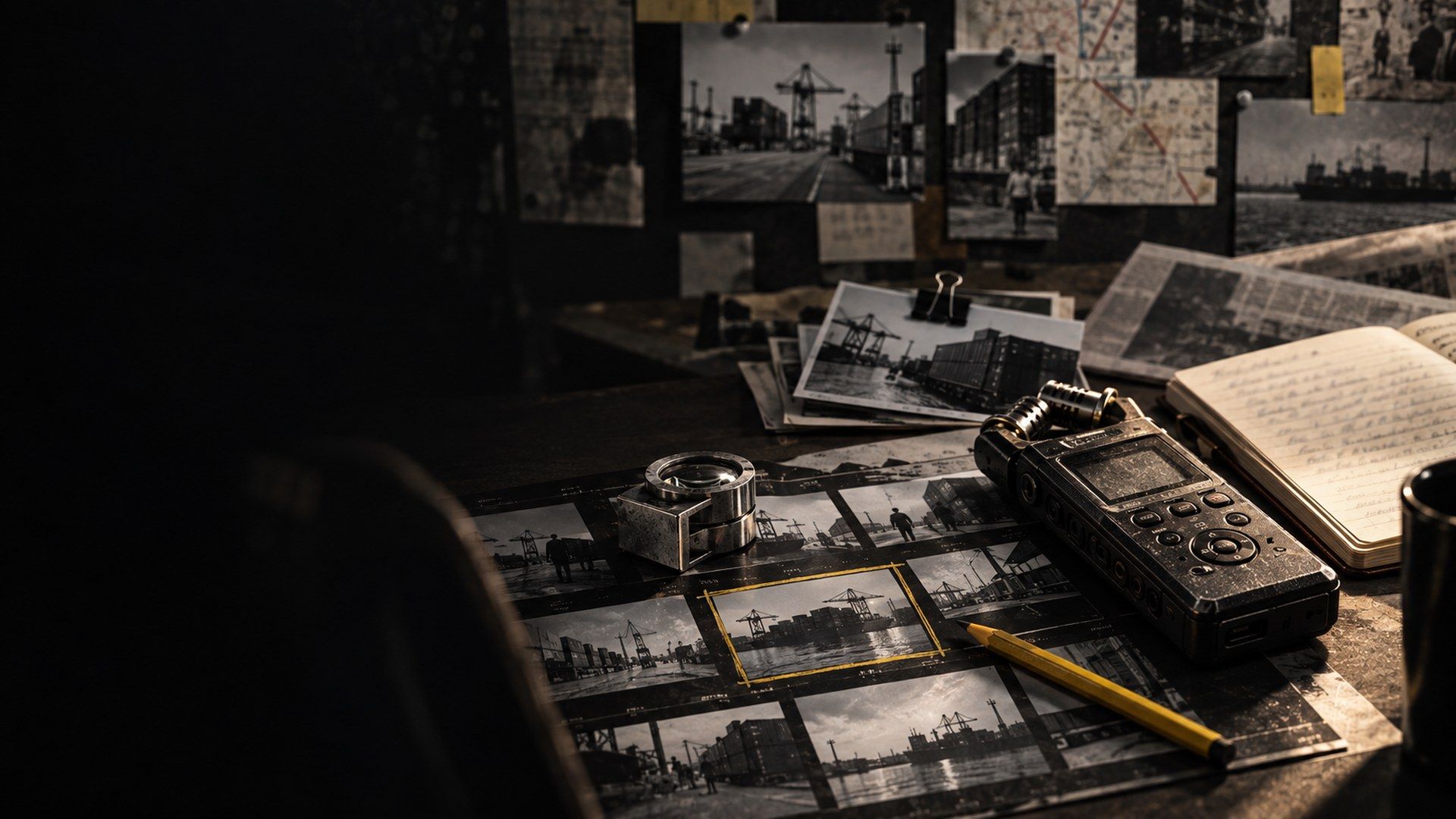 A desk of contact sheets, a field recorder and a notebook under lamplight