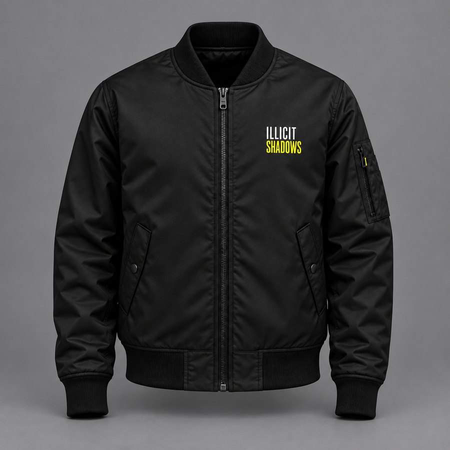 Illicit Shadows bomber, front, design concept