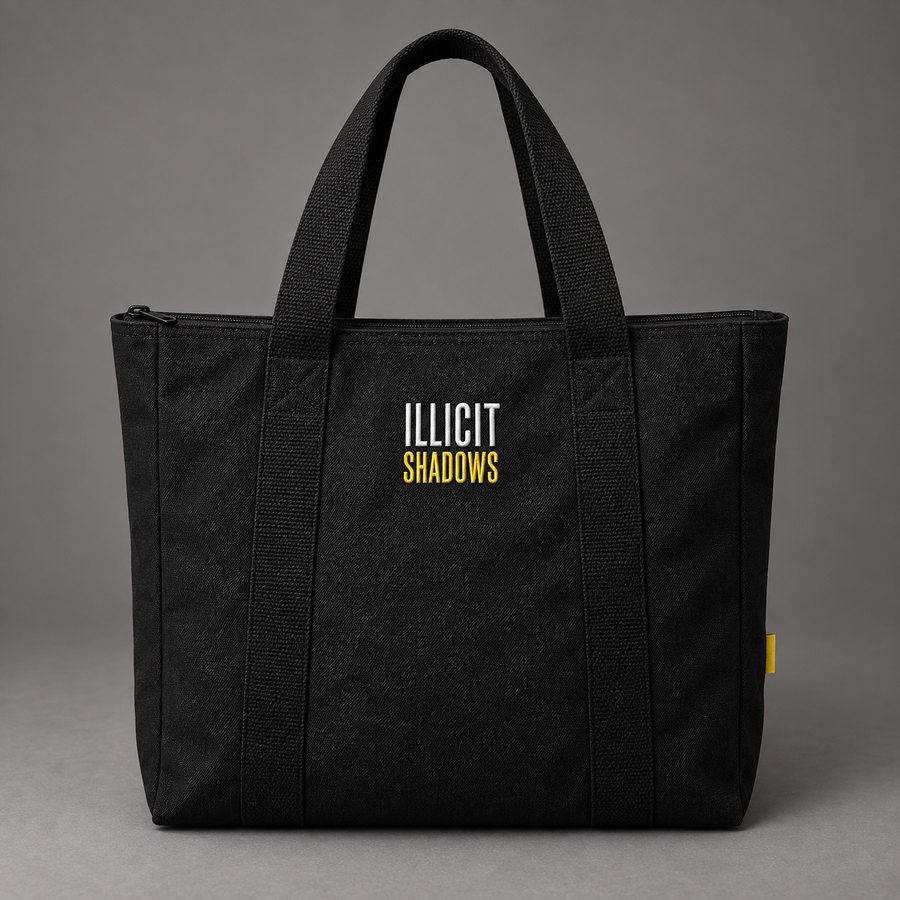 Illicit Shadows tote, front, design concept